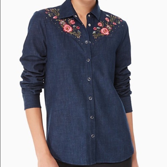 Kate Spade Blue Dark Wash Embroidered Chambray Denim Shirt Size M - Picture 1 of 13